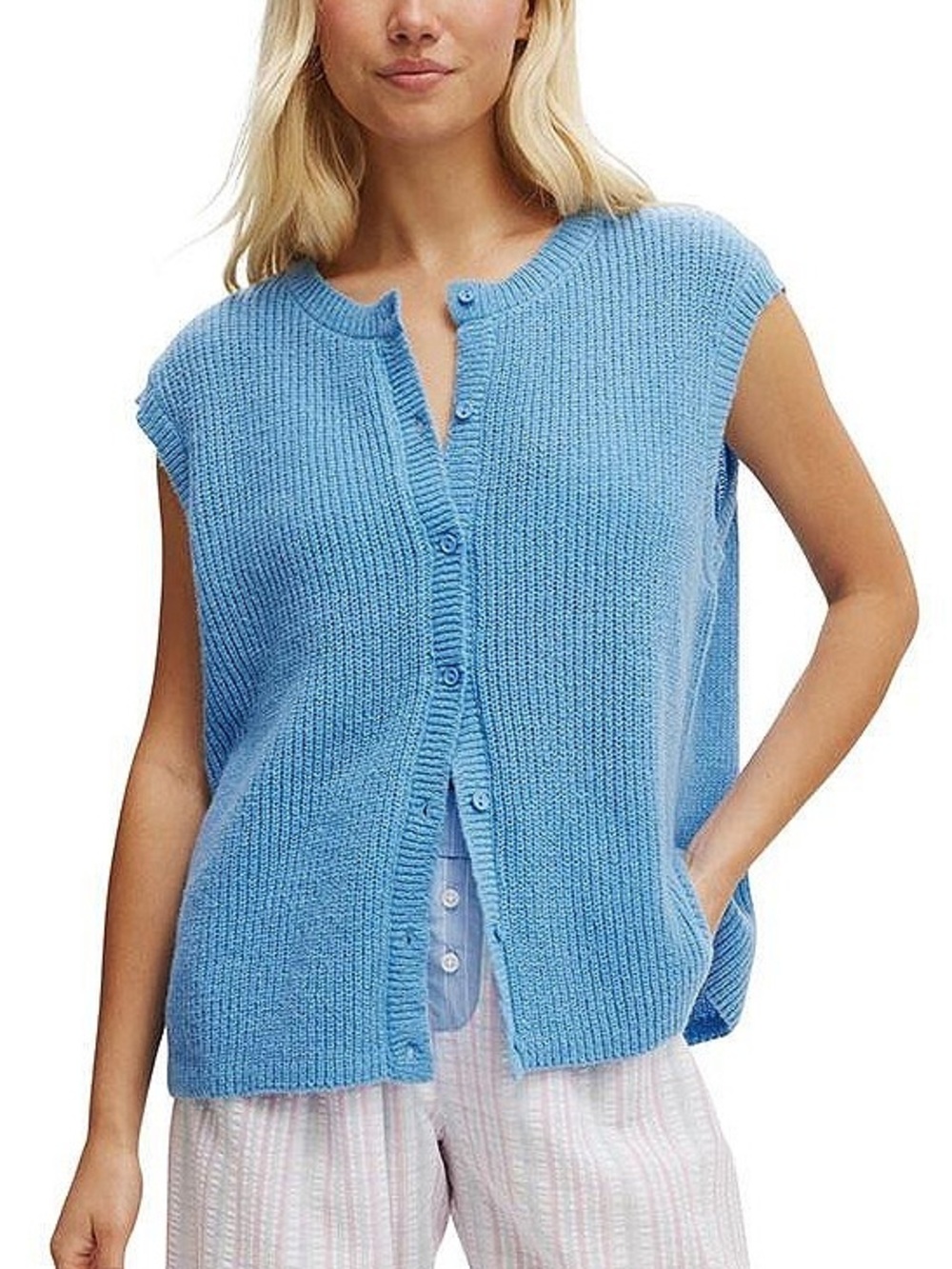 Cotton On Light Blue Knit Button Front Sleeveless Cardigan in color Adrift Blue